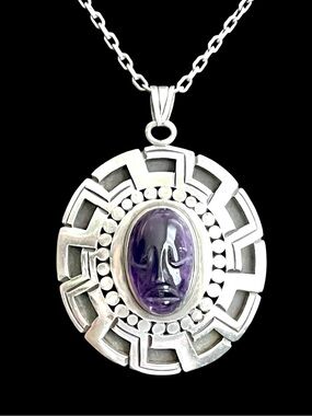 Vintage Los Ballesteros 48g Taxco Sterling Carved Amethyst Mask Pendant